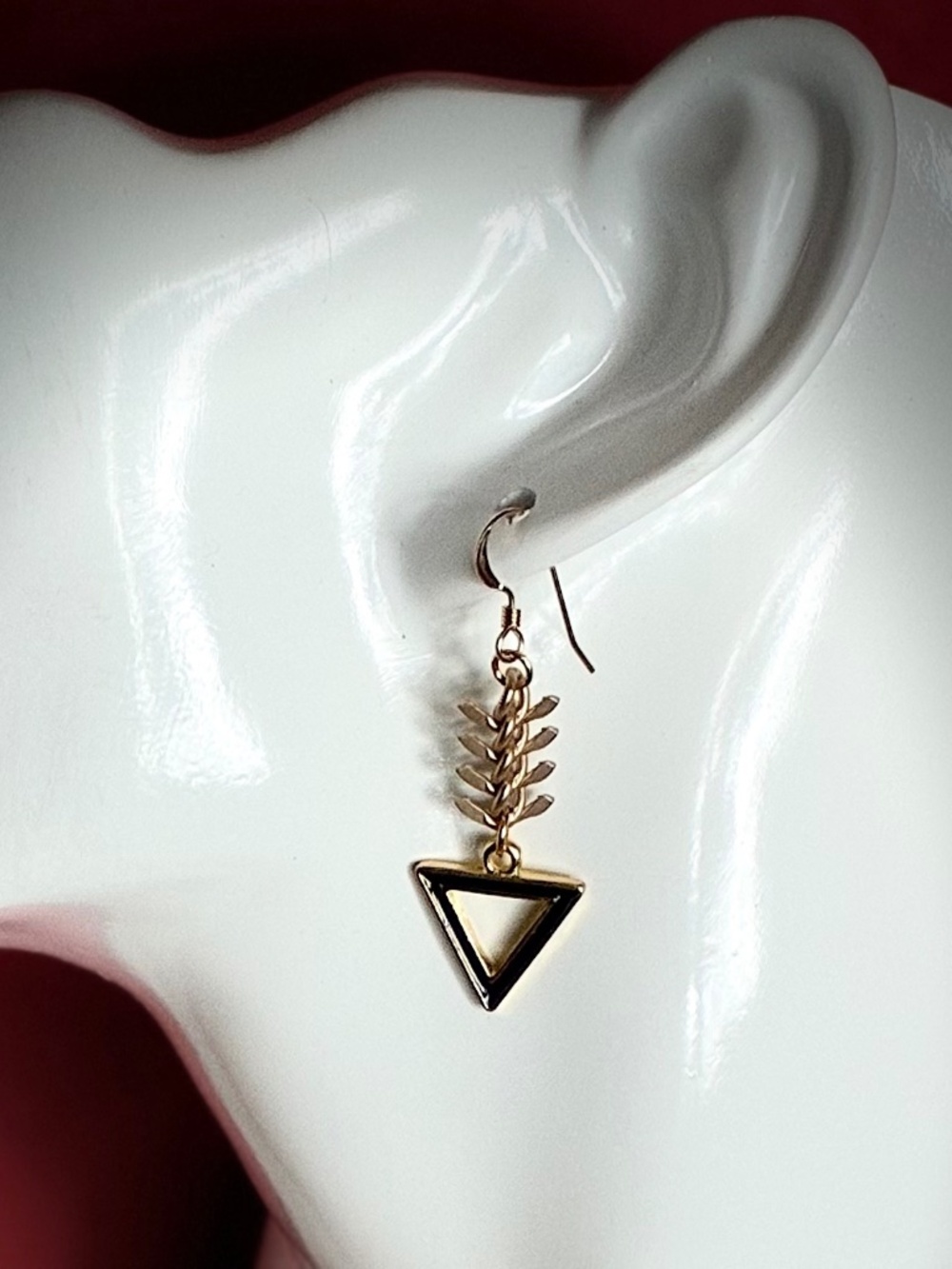 Black and Gold Enamel Inverted Open Triangle Dangle Earrings on Satin Gold Plate
